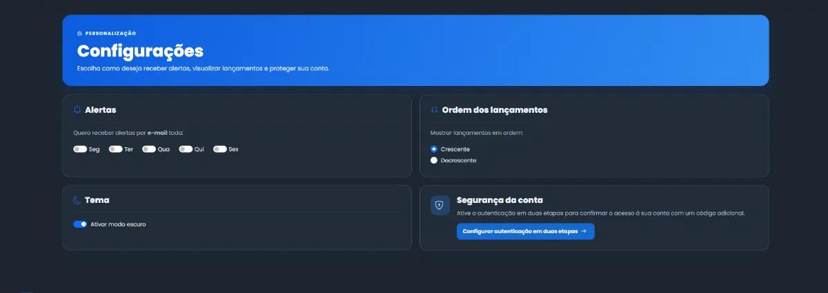 Tela de configurações exibida no modo escuro