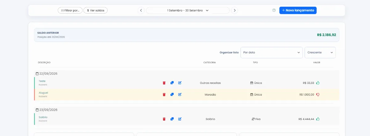 Listagem de lançamentos do Carteira Azul apresentada em uma tela de computador